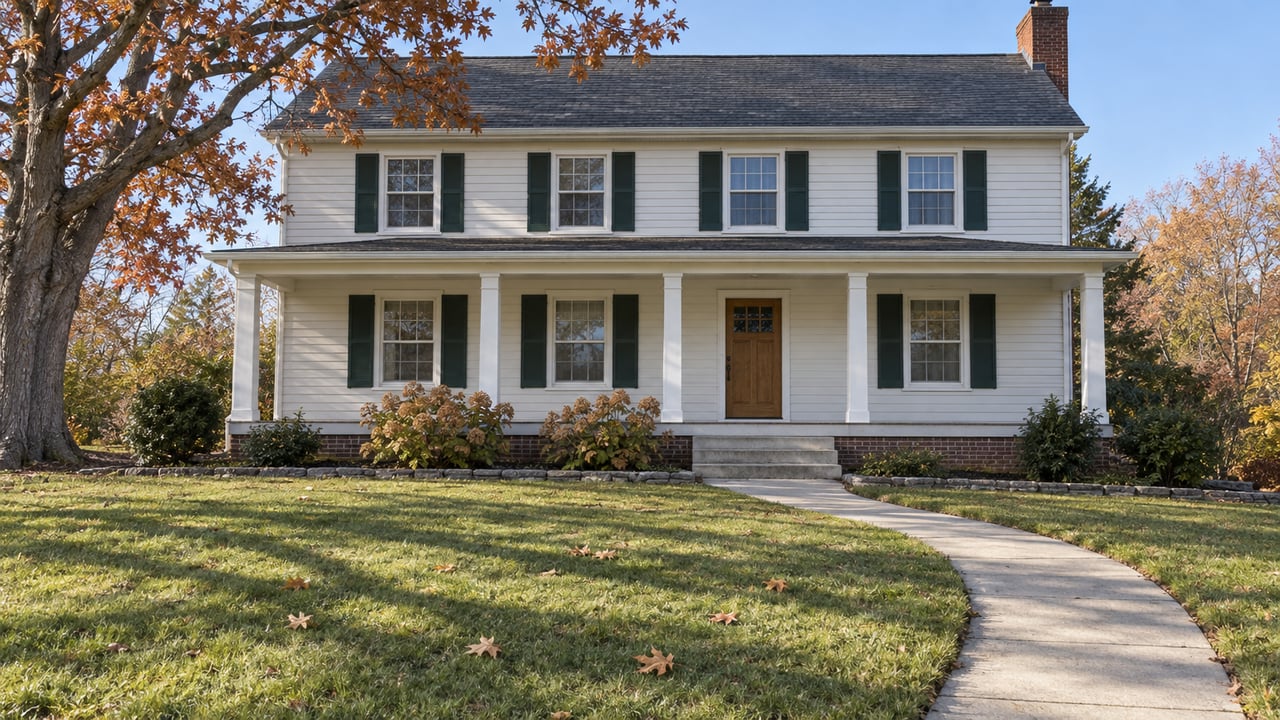 White clapboard home with a broad front porch, deep autumn lawn, red oak, and a curved concrete approach in clear morning light.