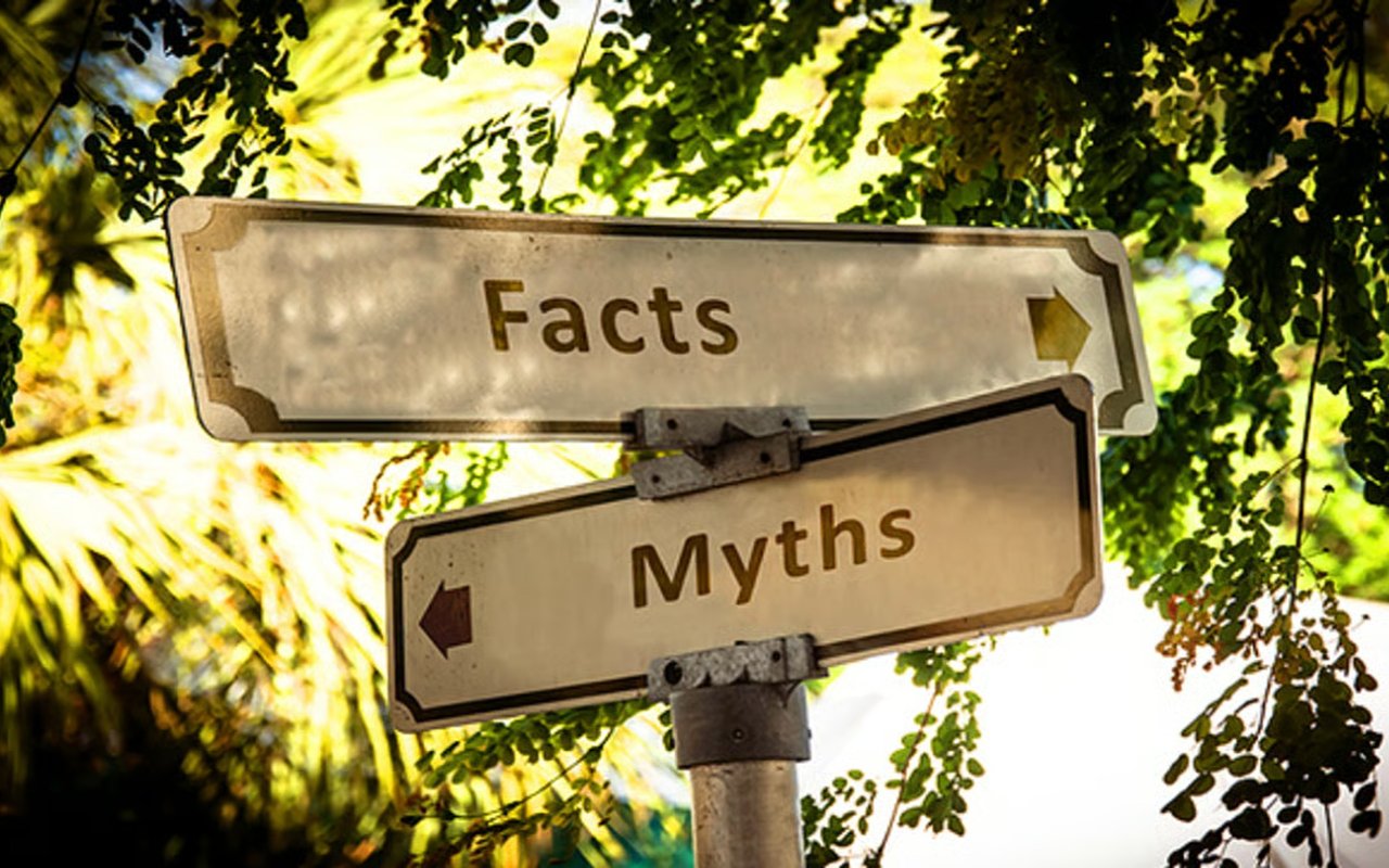 Directional signs labeled “Facts” and “Myths” point opposite ways beneath leafy branches.