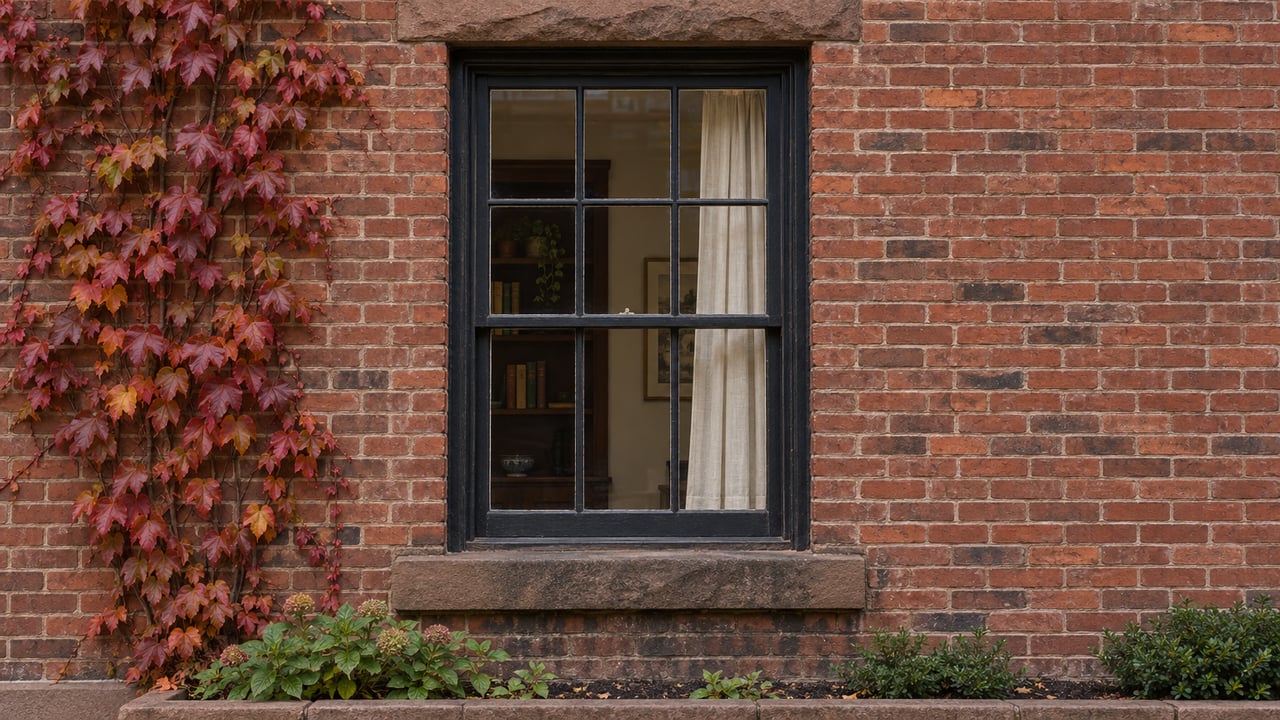 Tall dark timber sash window framed by weathered red brick and brown sandstone, with copper and burgundy vine leaves climbing one side.