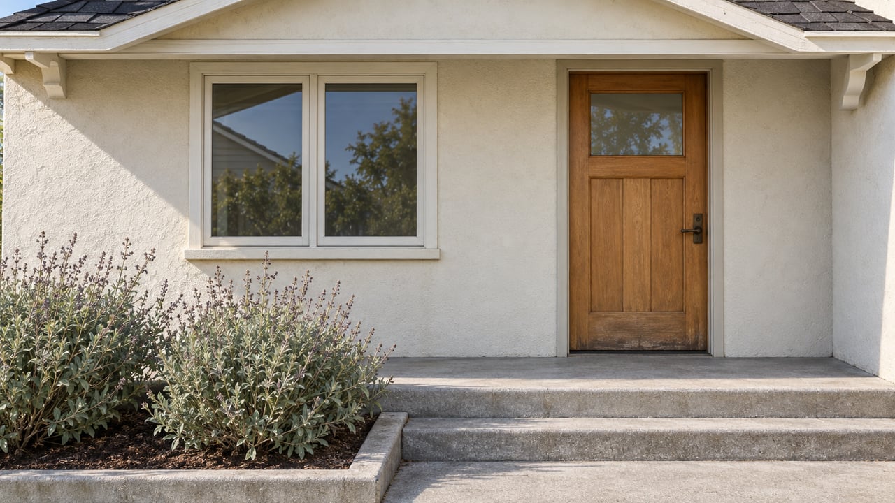 Stucco house entrance with a wooden door, paired windows, concrete steps, and shrubs.