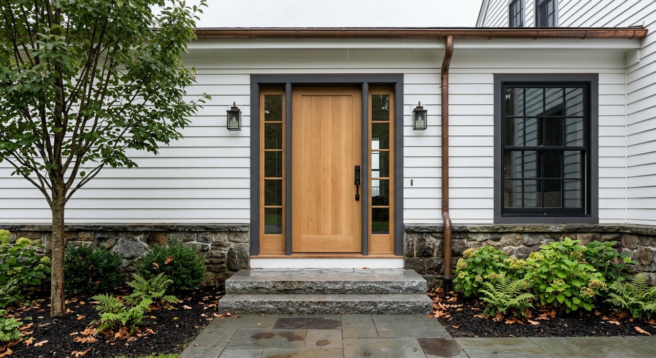Oak entry door beside divided-lite windows, copper downspout, stone foundation, and rain-sheened stone approach.