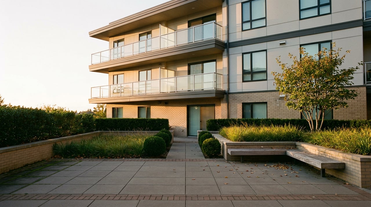 Five-story apartment facade with glass balconies overlooking a planted courtyard and weathered teak bench.