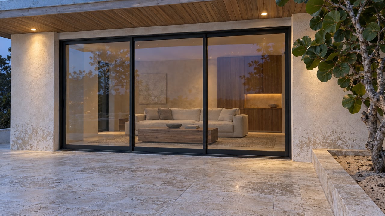 Cream stucco coastal home with a teak-lined covered terrace, closed black-framed glass doors and pale limestone paving at blue hour.