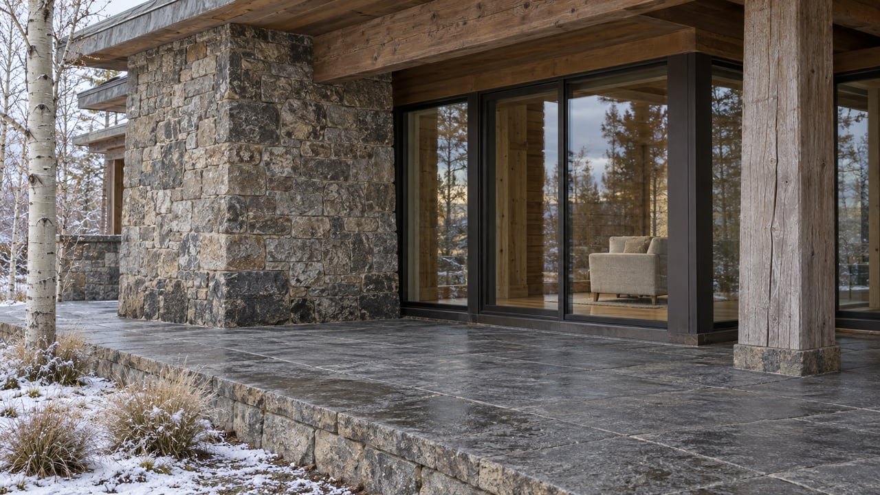Timber and stone home entry with bronze-framed glass, a sheltered quartzite terrace and early snow beside dormant grasses.