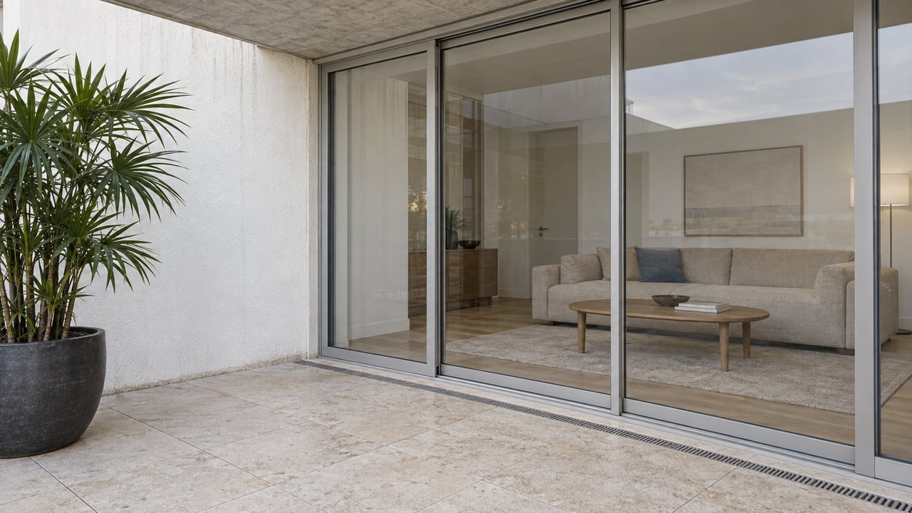 Covered apartment terrace with pale stone flooring, a potted lady palm and closed glass doors opening visually onto a neutral living room.