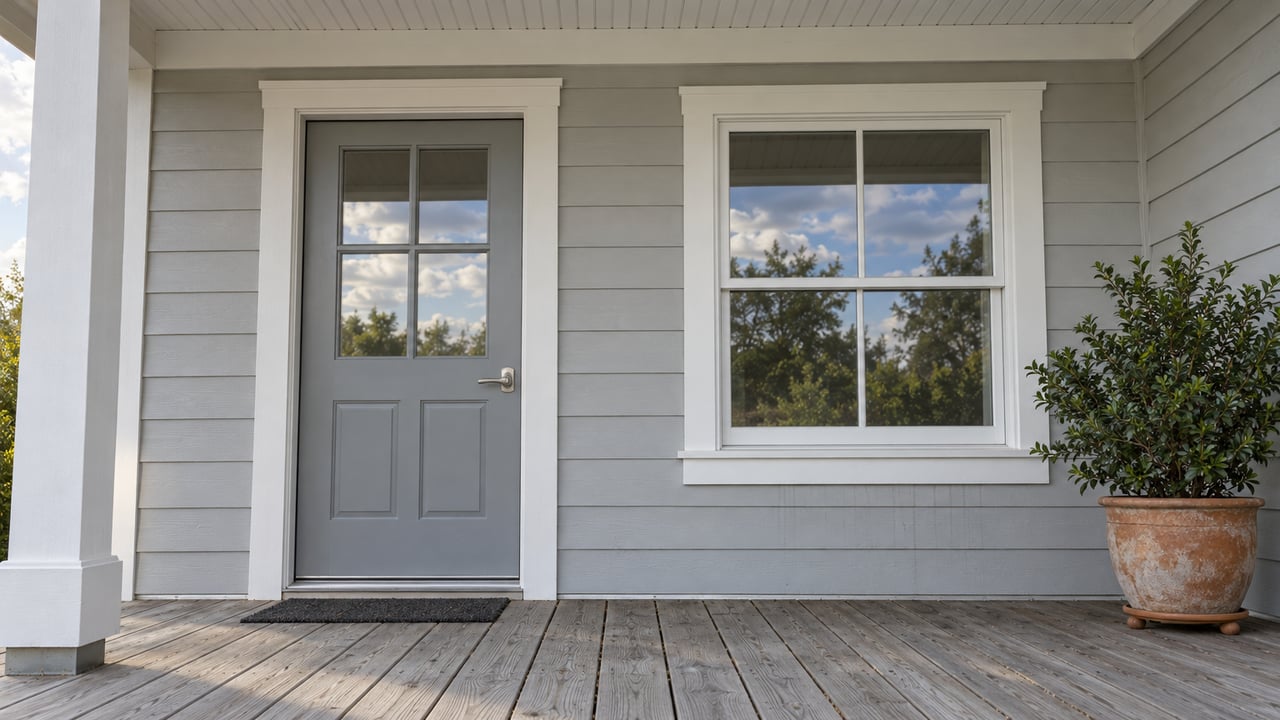 Pale gray house entry with a glazed door, white trim, weathered porch decking and a potted yaupon holly.