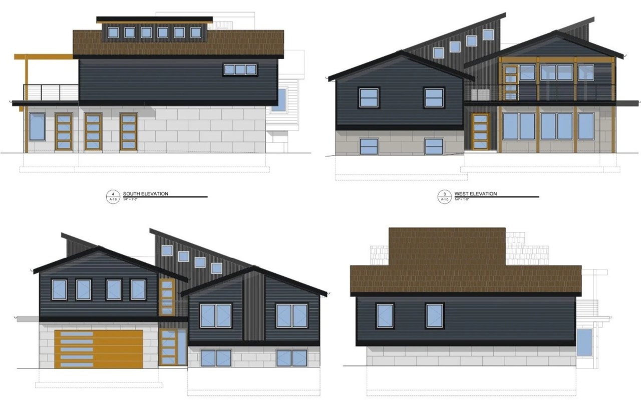 Architectural elevations of a modern multi-level house with varied rooflines and dark siding.