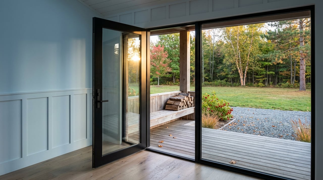 Open black steel-and-glass door overlooking a cedar porch, gravel apron, and autumn lawn bordered by trees.