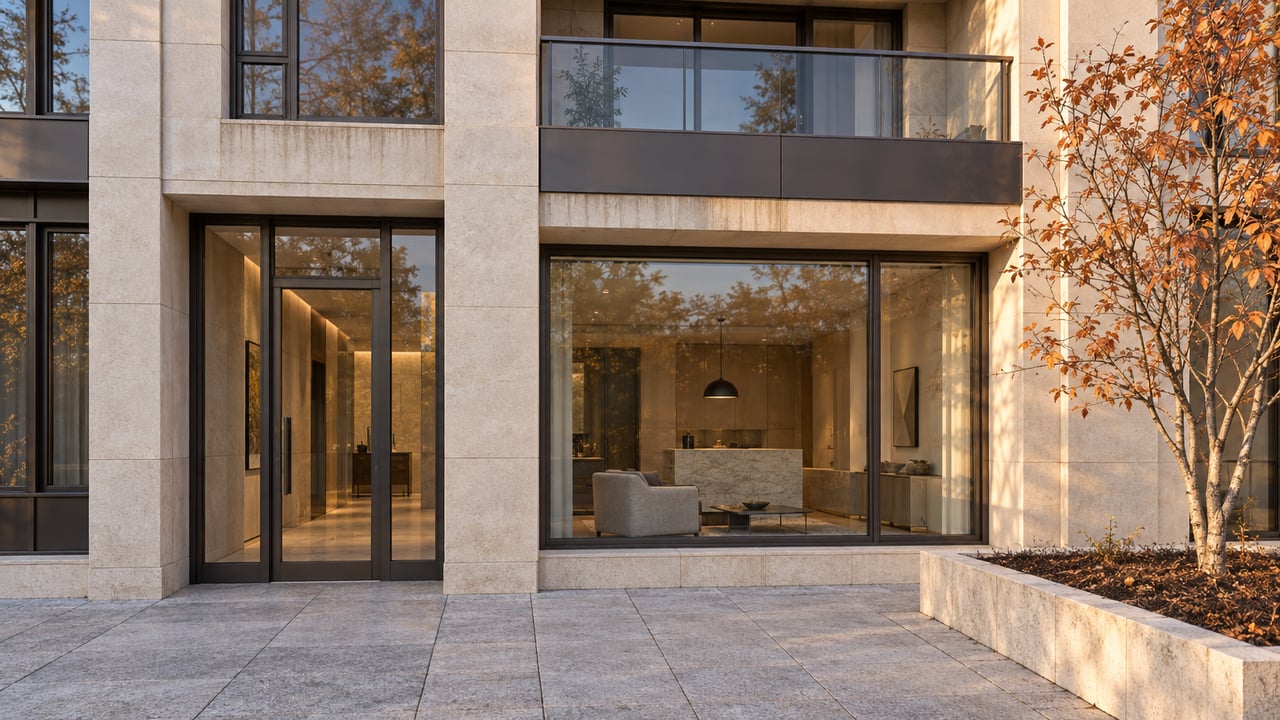 Limestone residential facade with a recessed balcony, glazed entry, and copper-leaved tree in a raised bed.