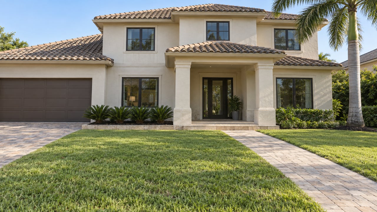 Sunlit two-story stucco home behind a broad lawn, with a paver approach, covered entry and a mature royal palm.
