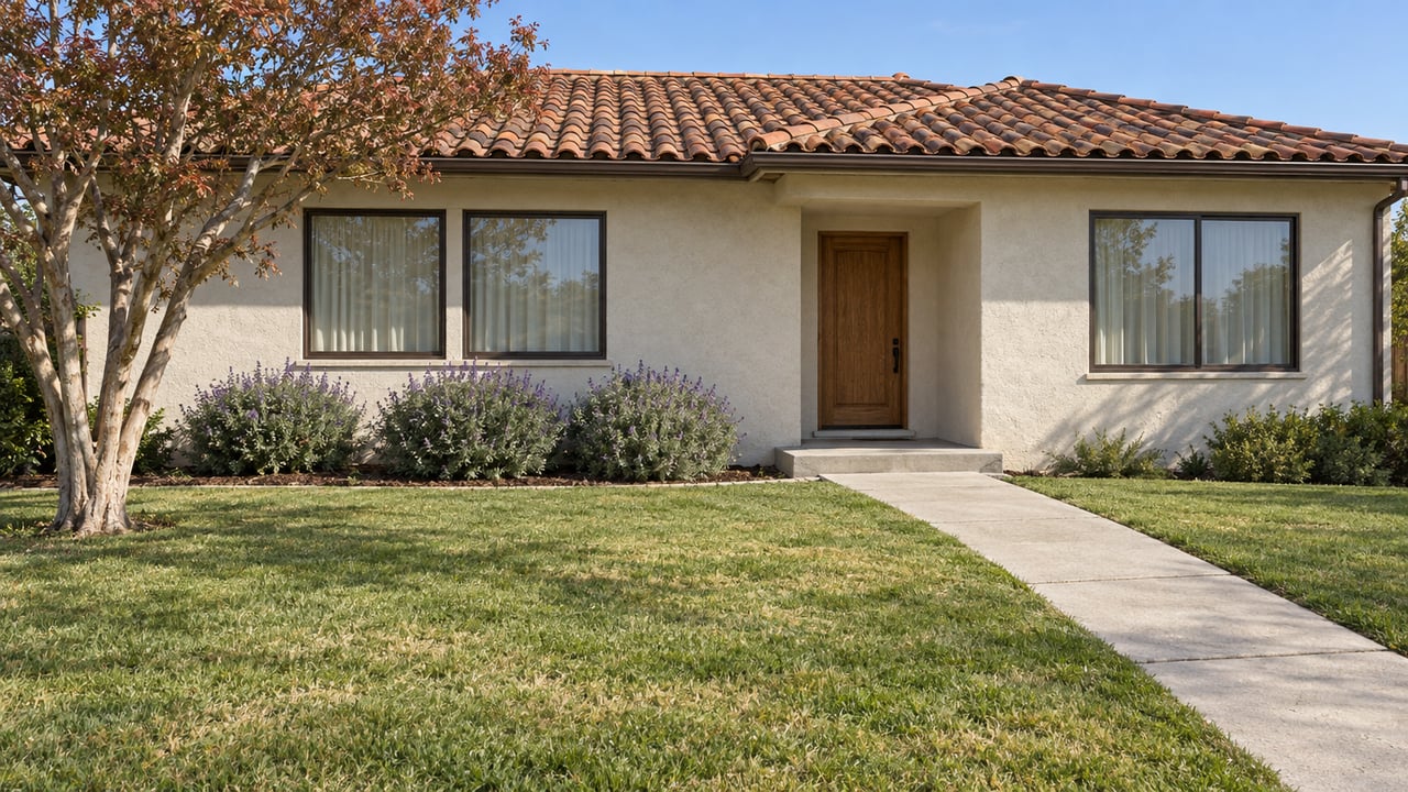 Single-story off-white stucco home with a terracotta roof, deep front lawn, autumn crape myrtle, and a concrete walk to a recessed oak door.
