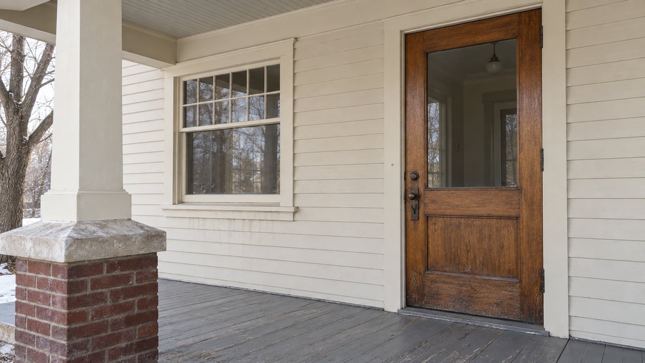 Covered porch with cream clapboard siding, an oak entry door, divided-light window, and weathered brick pier beside winter snow.
