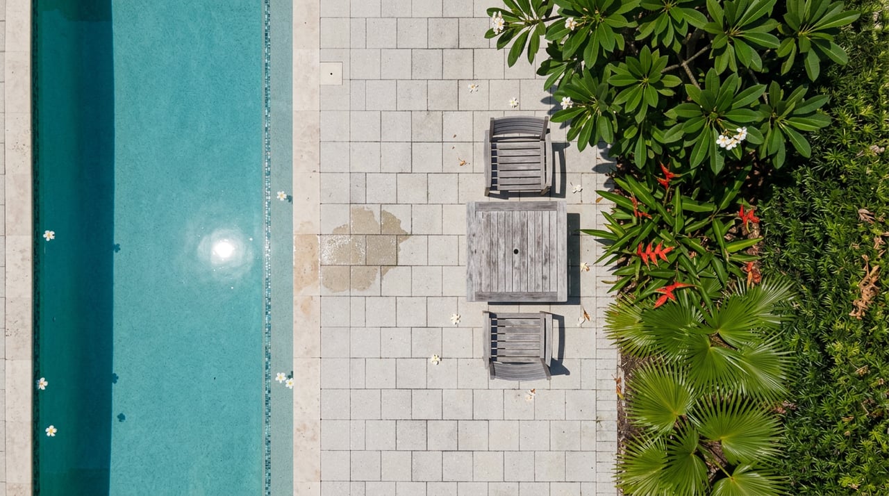 Overhead terrace with an aqua-tiled lap pool, teak dining set, tropical planting, and fallen plumeria blossoms.