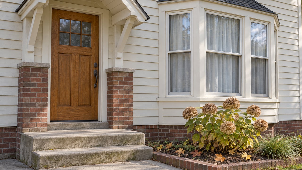 Close view of an ivory clapboard home with a glazed oak door, brick entry piers, concrete steps and an autumn hydrangea beside a window bay.