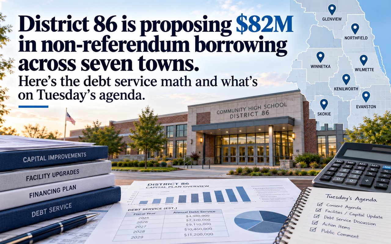 District 86 borrowing infographic with a school, seven-town map, debt-service chart, and Tuesday agenda.