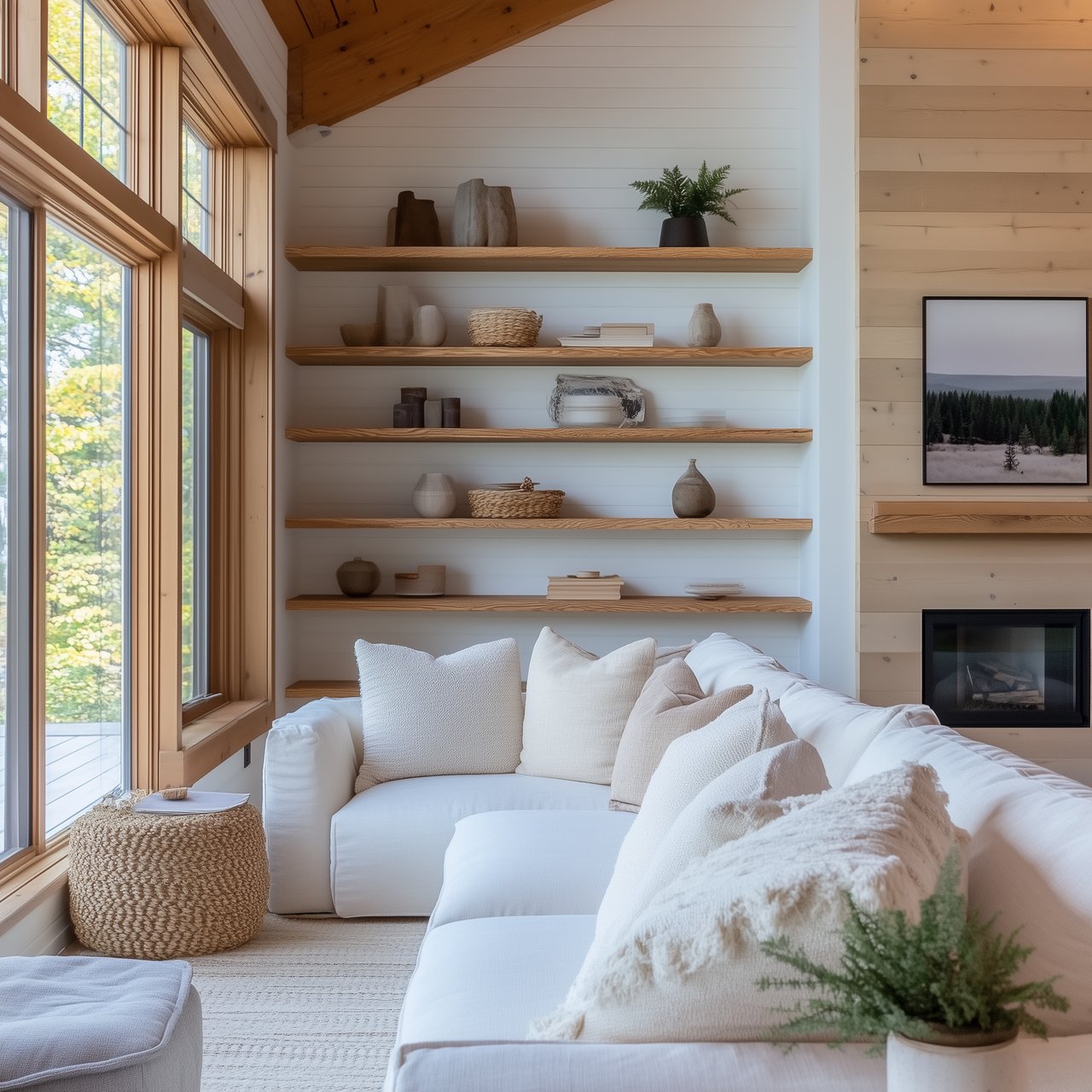 Living room with a white sectional, tall wood-framed windows, built-in shelves, and a vaulted wood ceiling.