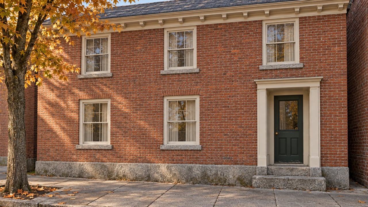 Historic red-brick residence with cream sash windows, a green entry door, granite steps, and amber maple leaves.