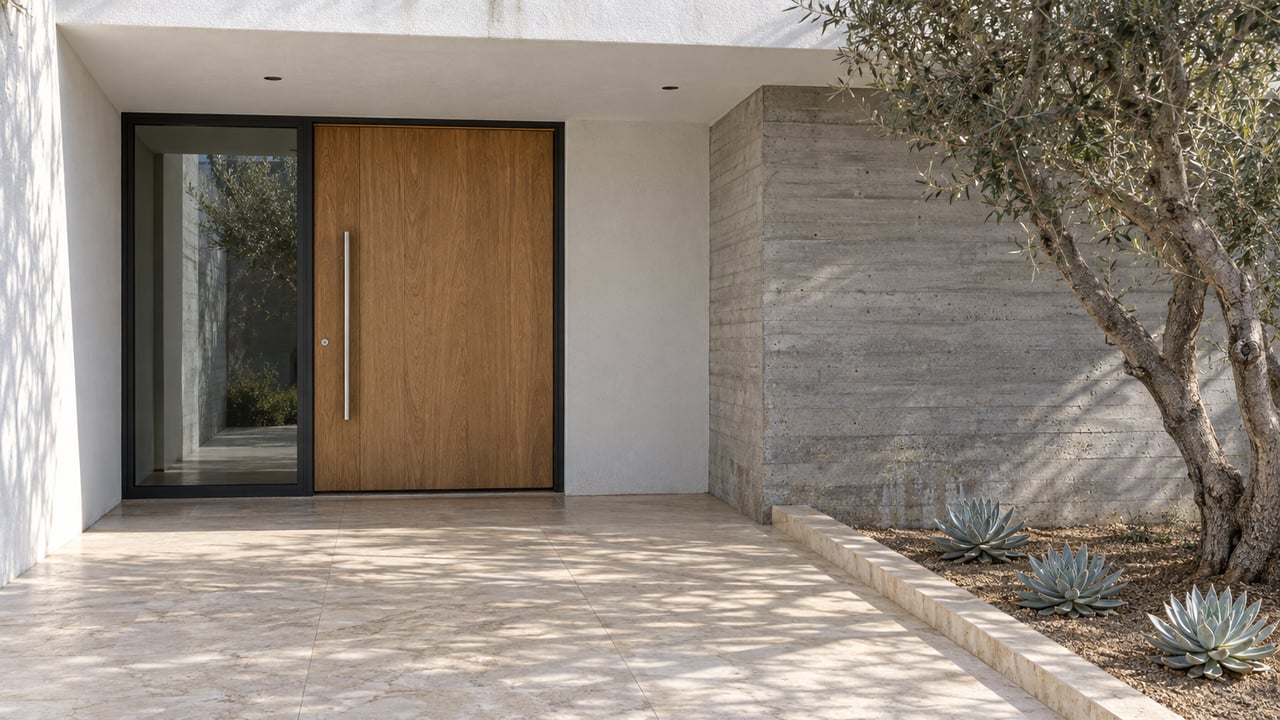 Sunlit modern home entry with a sheltered oak door, pale limestone terrace and a sculptural olive tree.