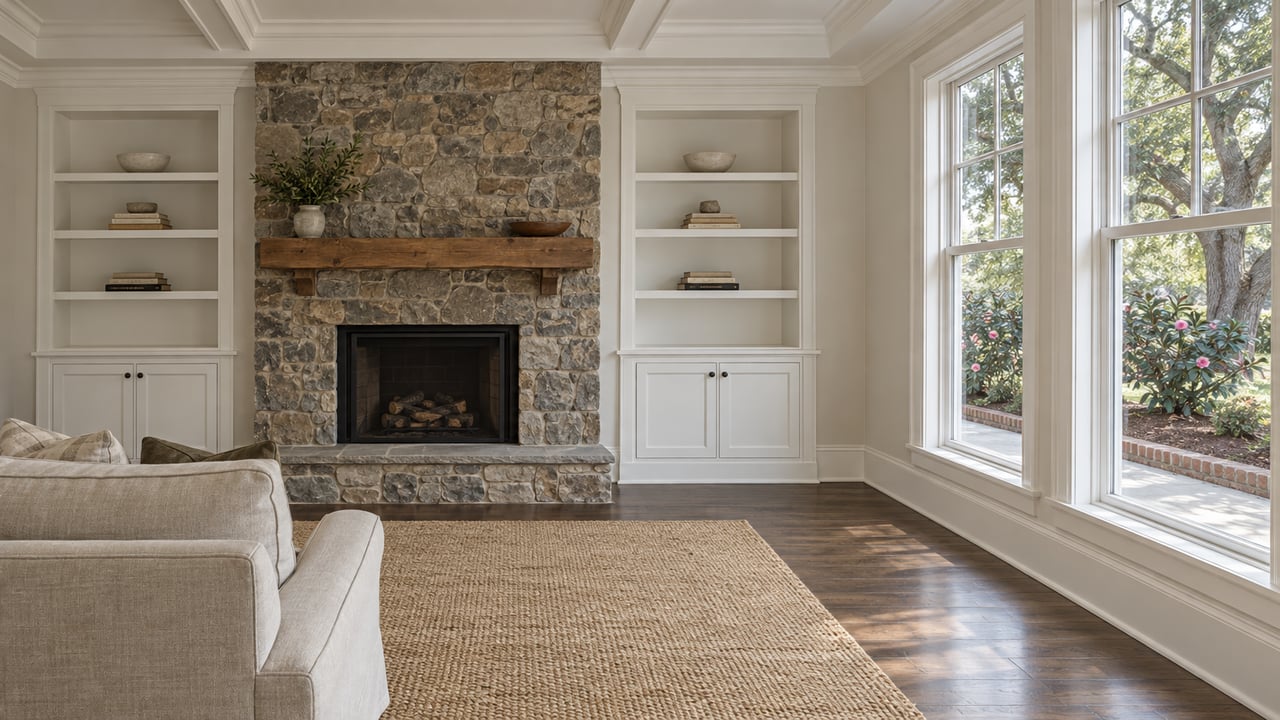 Airy living room with a rough-cut stone fireplace, white built-ins, dark oak flooring and garden-facing windows.