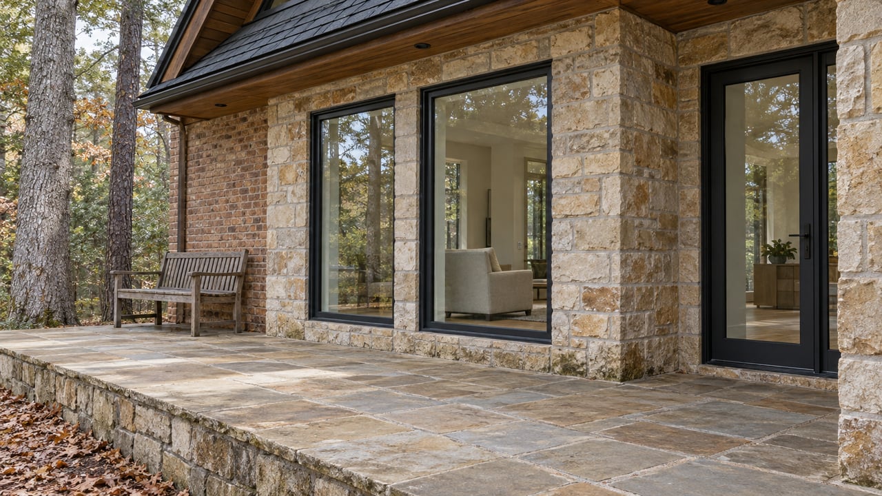 Stone-and-brick cabin terrace with black-framed glazing, an oak bench, and mature trees beyond the raised stone paving.