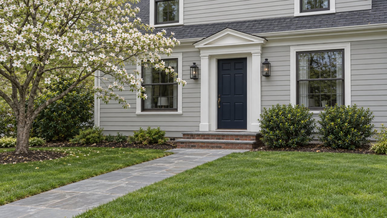 Pale-gray two-story house with navy door, brick stoop, bluestone walk, lawn, and flowering dogwood.