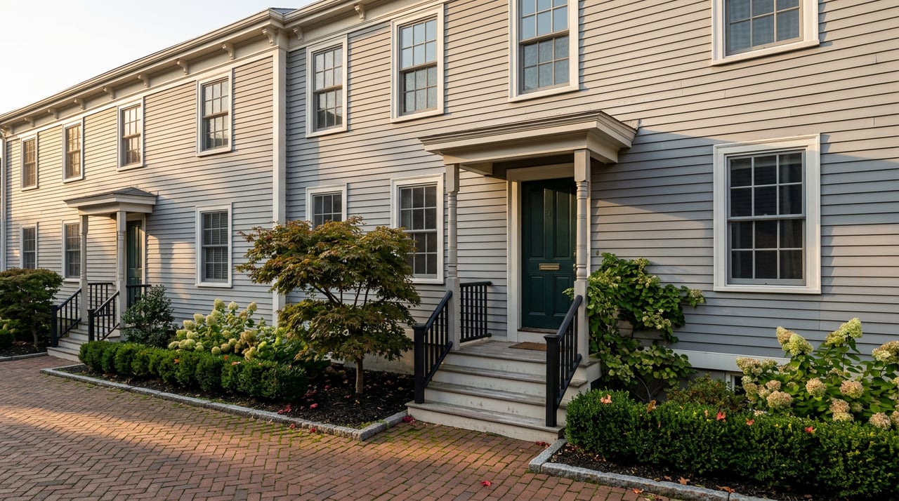 Gray three-story clapboard house with a green door, brick path, boxwood hedge, and red-leaved Japanese maple.