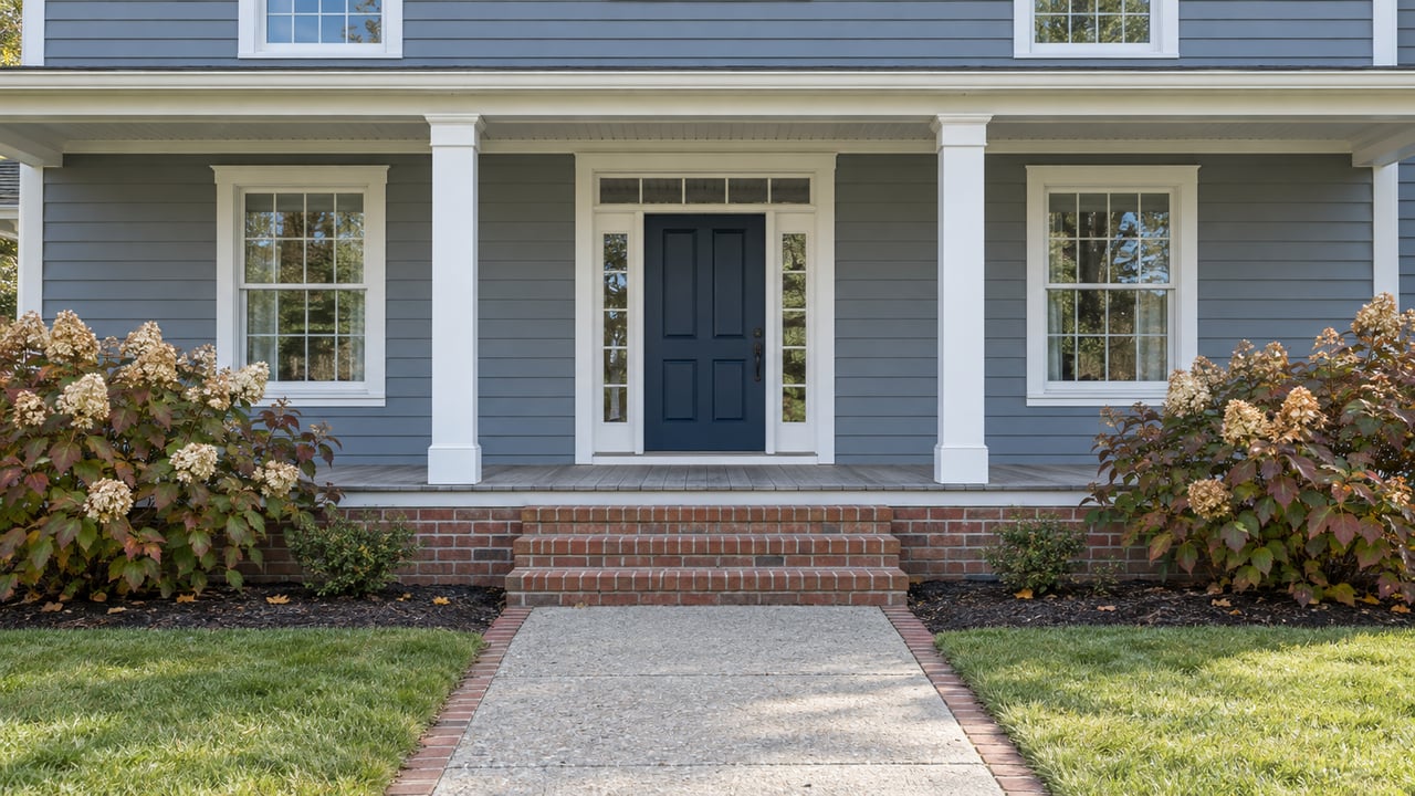Blue-gray home with a symmetrical white-columned porch, brick steps, concrete approach and autumn oakleaf hydrangeas.