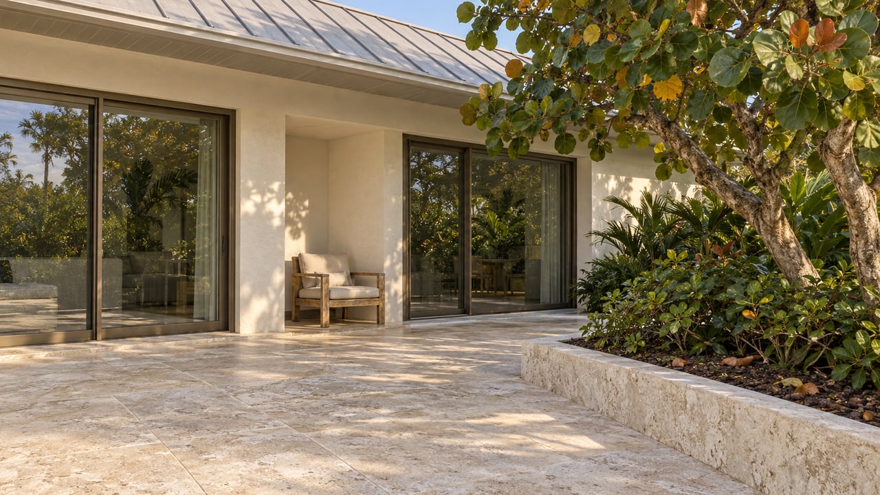 Ivory stucco home with bronze-framed glass doors, a shaded teak chair and shell-limestone terrace beside a mature sea grape tree.