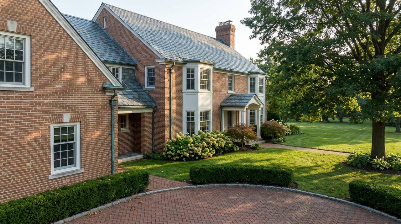 Brick estate with slate roof and bay window overlooks a lawn and herringbone-paver motor court.