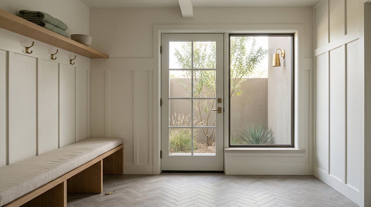 Mudroom with oak bench, brass hooks, and a glass door overlooking a walled garden.