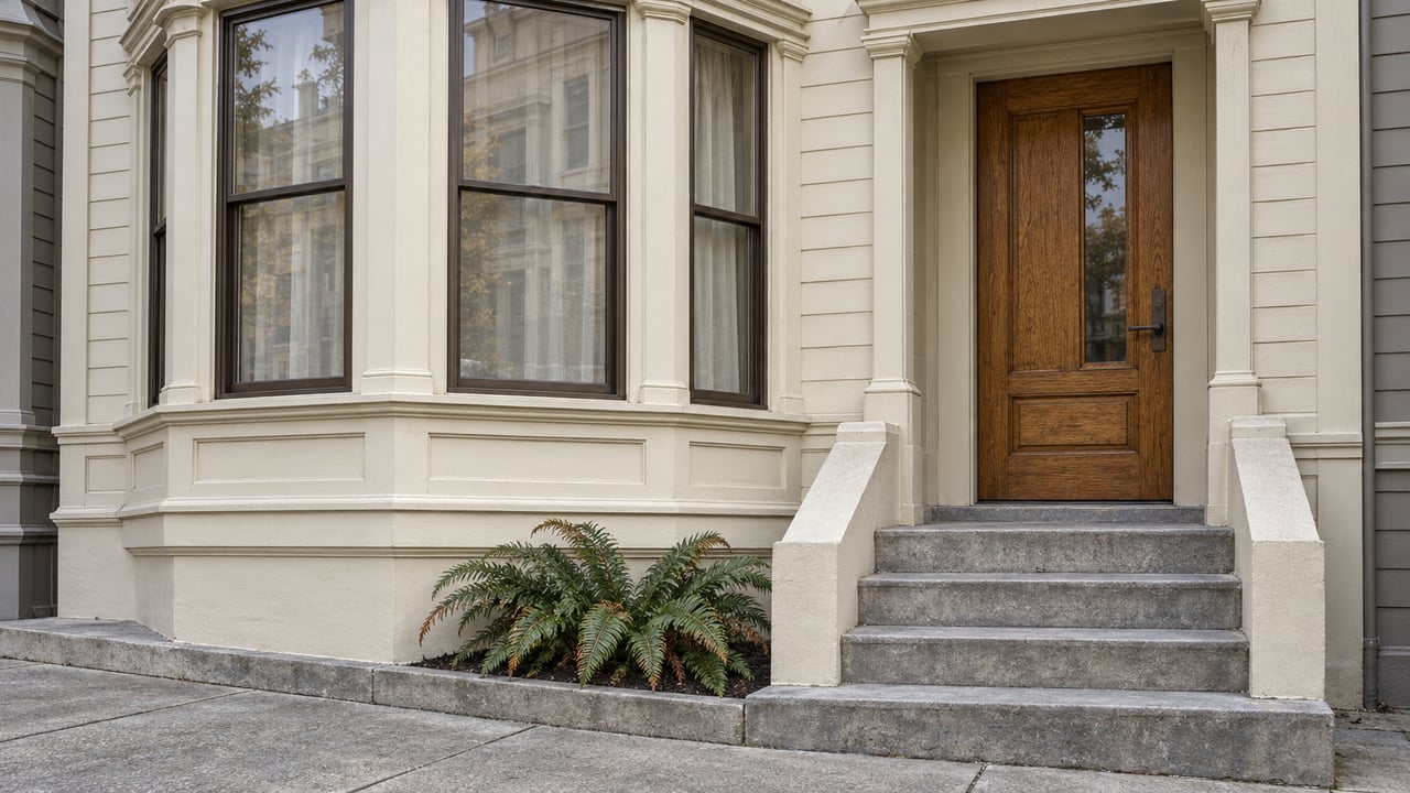 Cream-painted bay windows and a recessed oak entry above worn limestone steps, with two ferns beside a sloping concrete sidewalk.