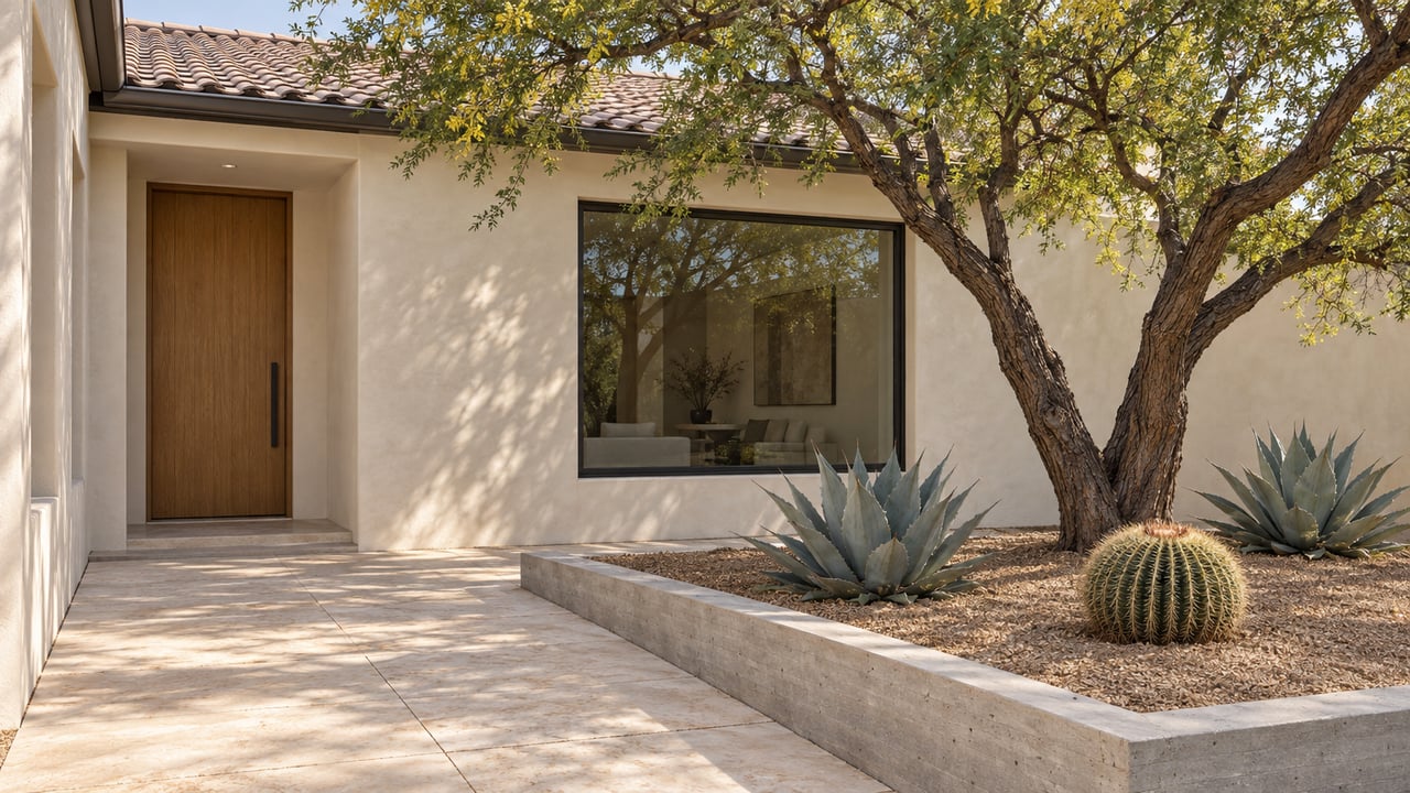 Ivory stucco house entry with an oak door, charcoal-framed window, limestone path, and desert ironwood planting.