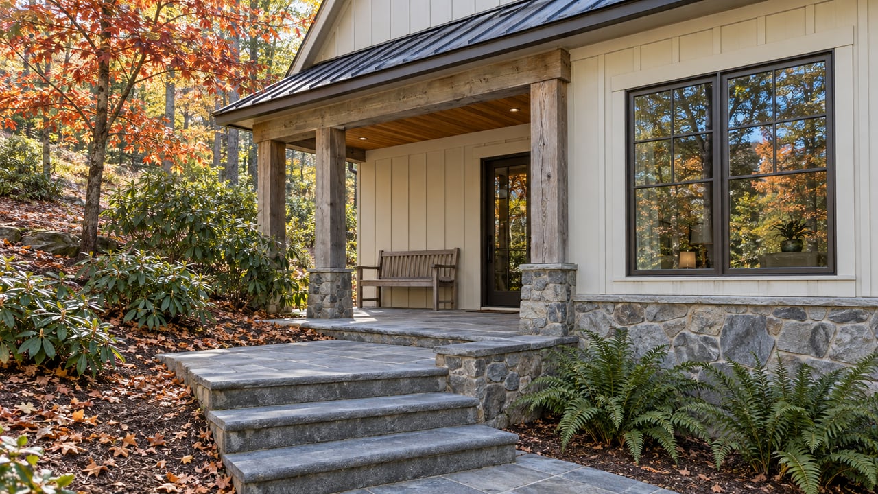 Cream board-and-batten home with a timber porch, gray stone steps, and orange maple foliage on a wooded slope.