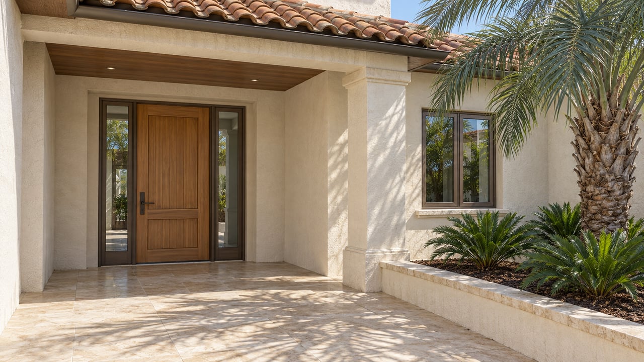Ivory stucco residence with terracotta roof tiles, a recessed wood entrance and limestone courtyard beside a blue-green palm.