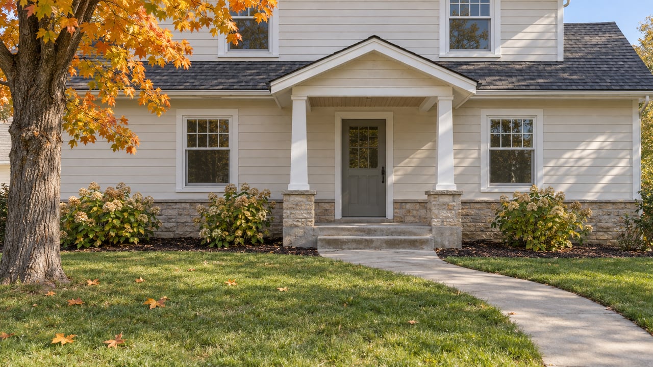 Off-white two-story home with a covered front entry, broad autumn lawn, limestone foundation and an orange-leaved maple.