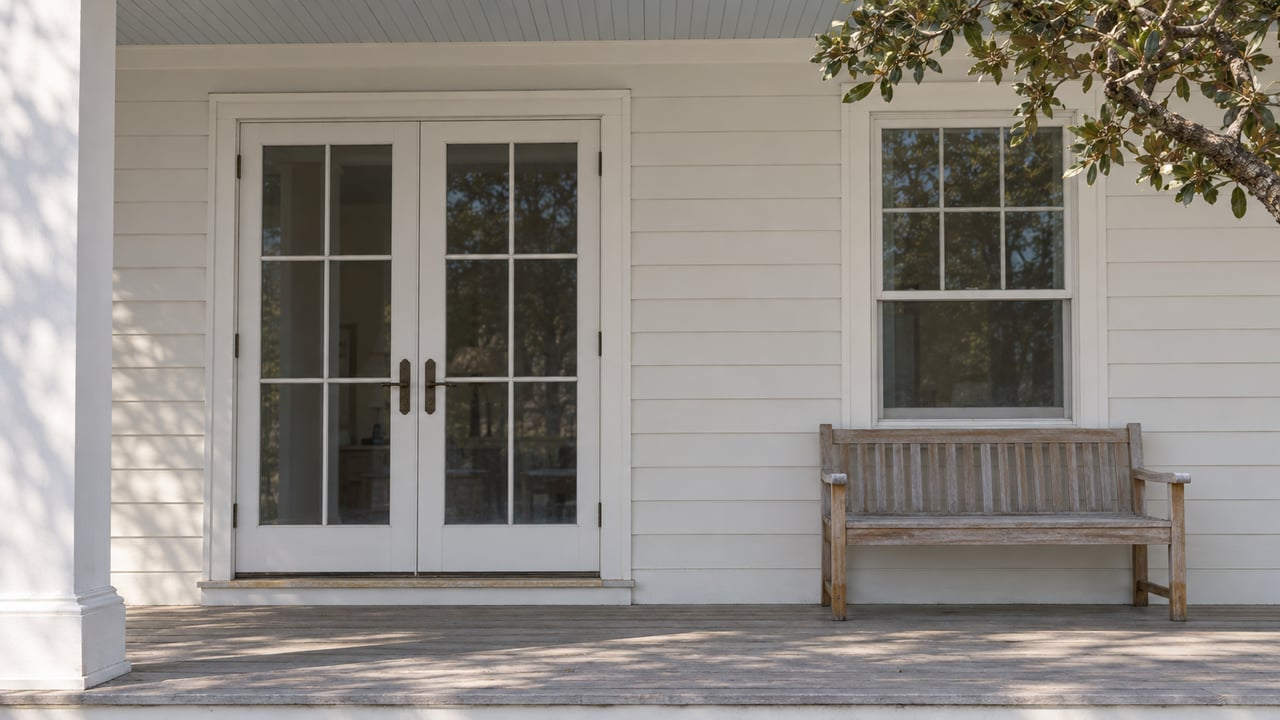 Close view of a covered porch with pale painted siding, glazed French doors, gray wood decking and a silvered teak bench.
