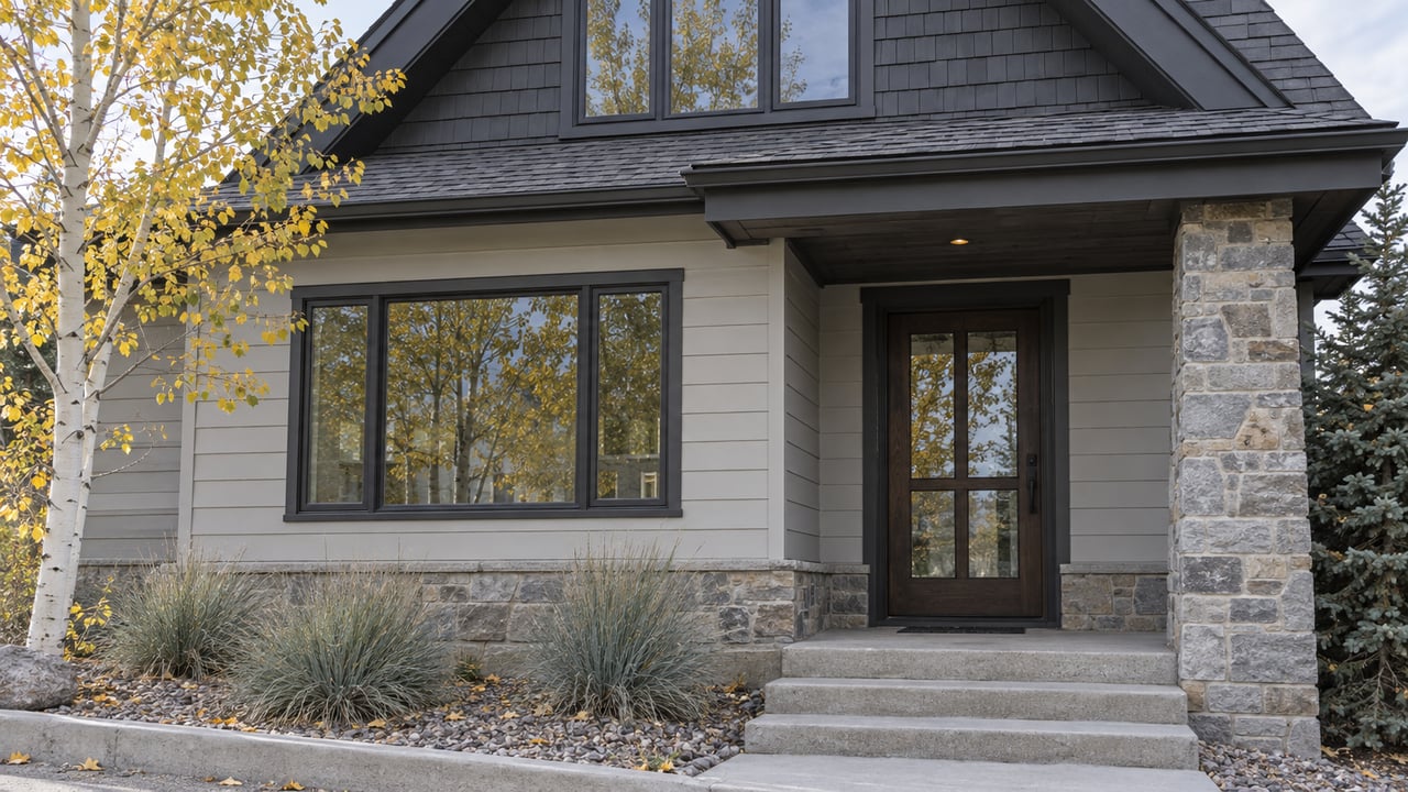 Modest two-story home with gray siding, stone porch pier, concrete steps, and an aspen beside the entry.