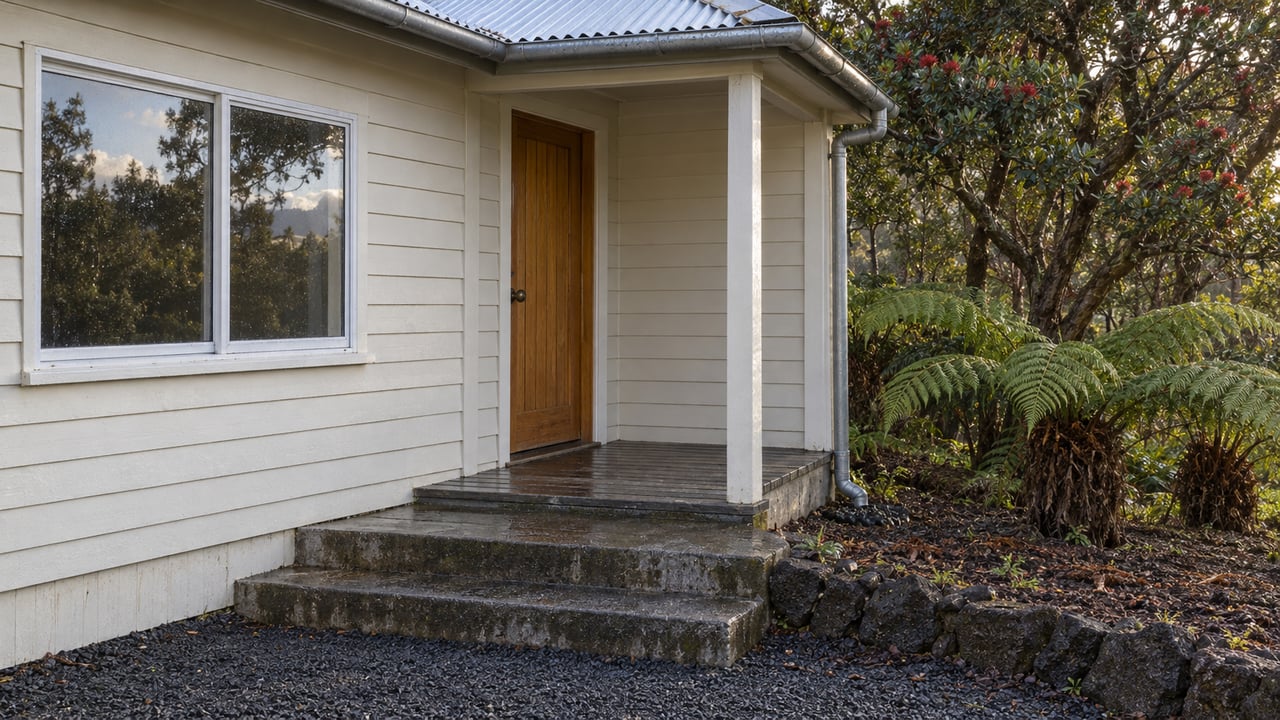 Rain-damp cream timber home with a covered wooden entry, broad window, concrete steps and basalt gravel beside tree ferns and a mature branching tree.