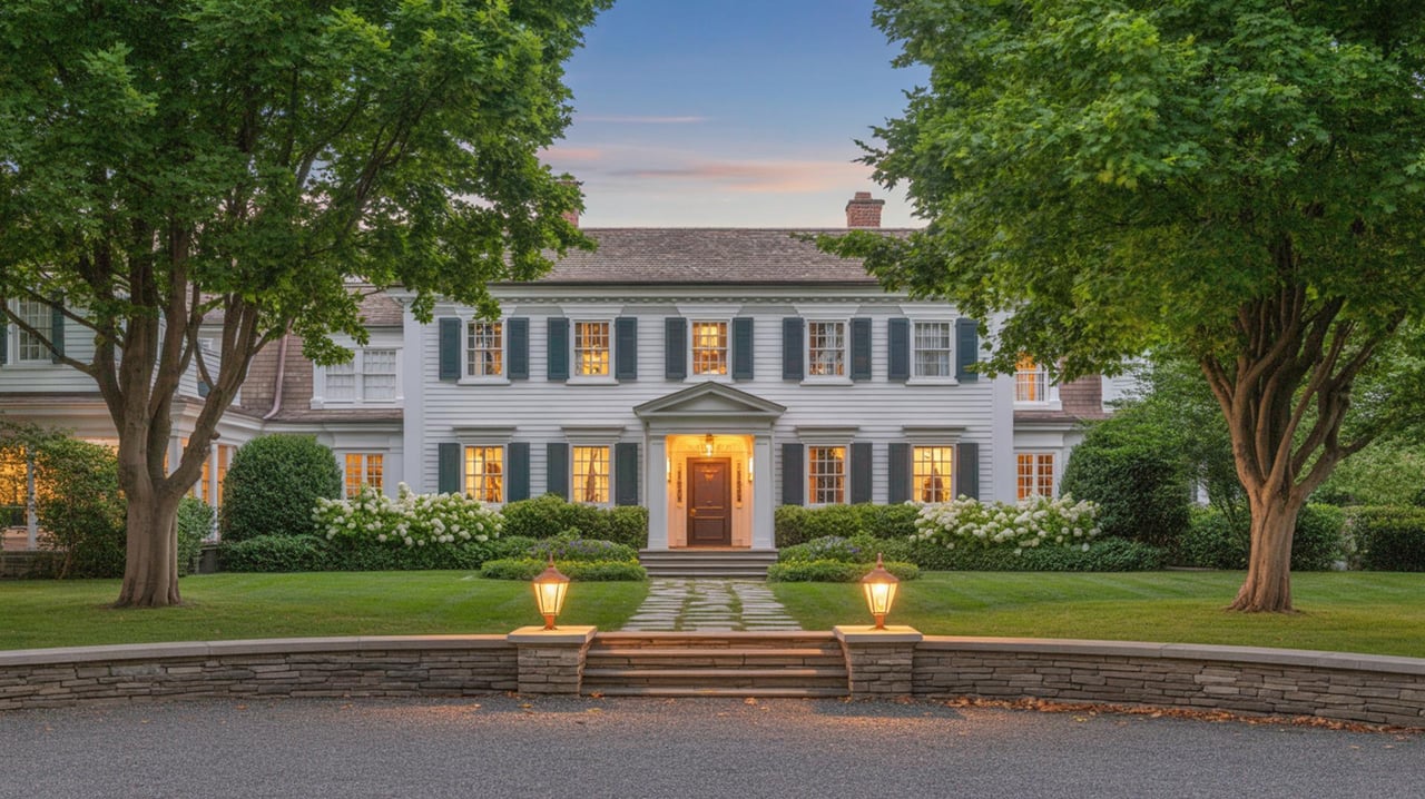 White two-story colonial house with green shutters, glowing windows, and a lit stone path between two large trees.