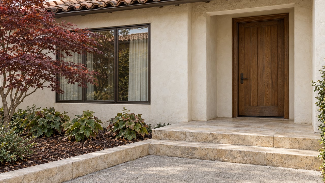 Ivory stucco cottage entry with an oak door, bronze-framed window, limestone steps and burgundy Japanese maple.