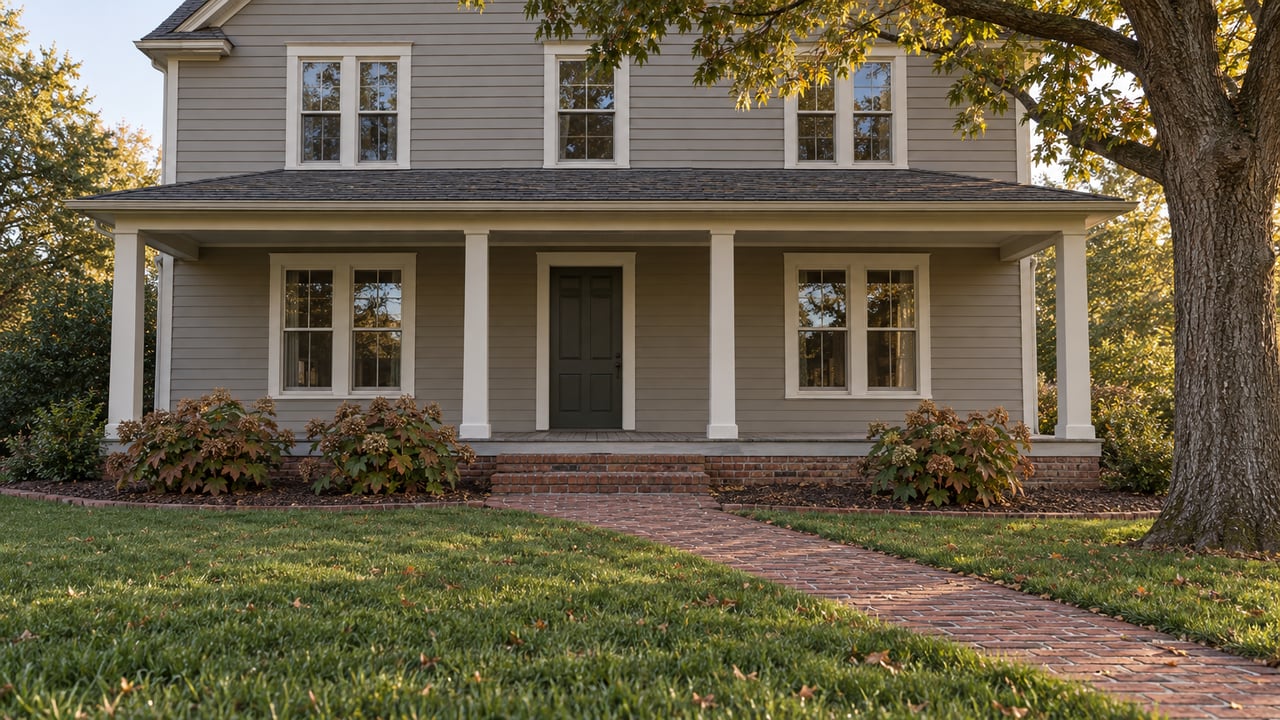 Evening light falls across a gray clapboard house with a low front porch, brick approach and mature oak beside a deep lawn.