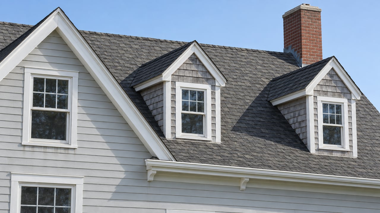 Close exterior view of a gray clapboard home's shingled roof, two cedar-clad dormers and a weathered brick chimney in morning light.