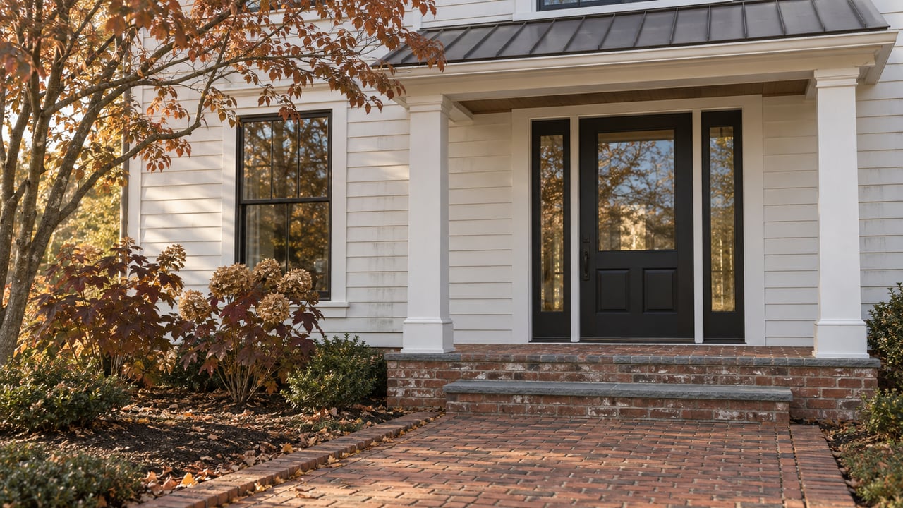 White clapboard home entrance with a black glazed door, brick and bluestone steps, and russet autumn planting in warm afternoon light.