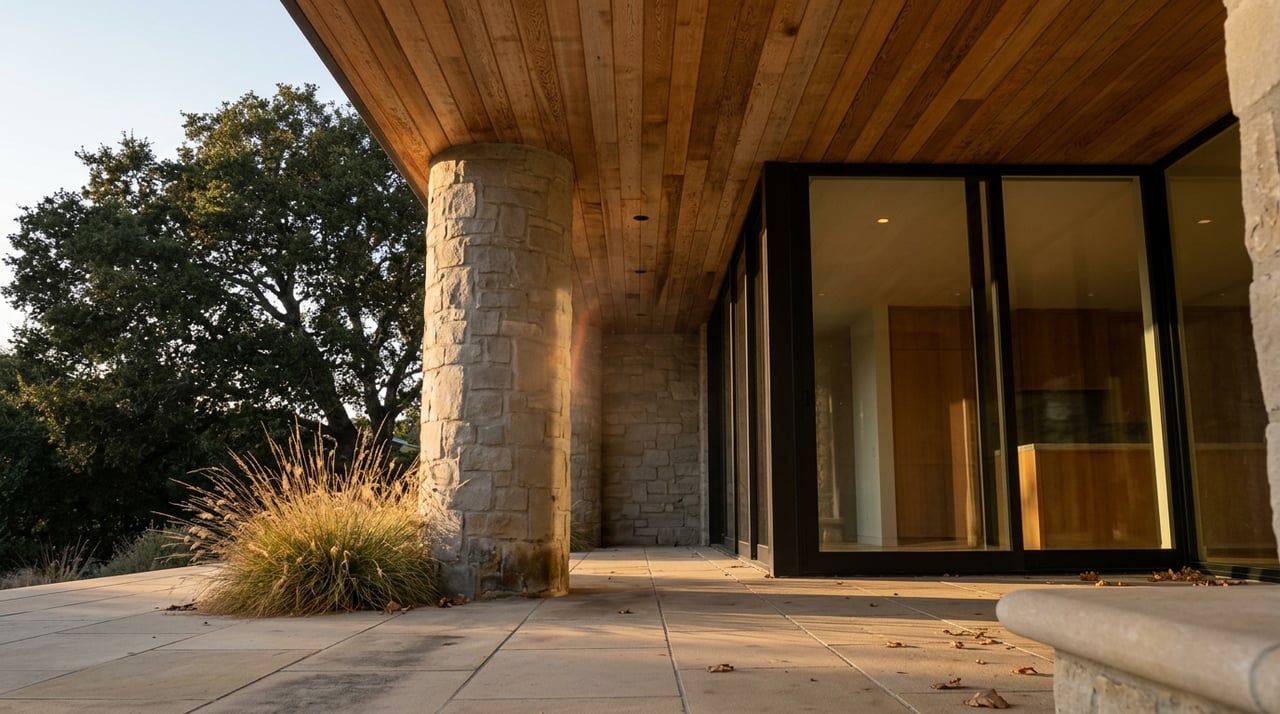 Stone portico column beside black-framed sliding glass doors, beneath a wood soffit and oak canopy.