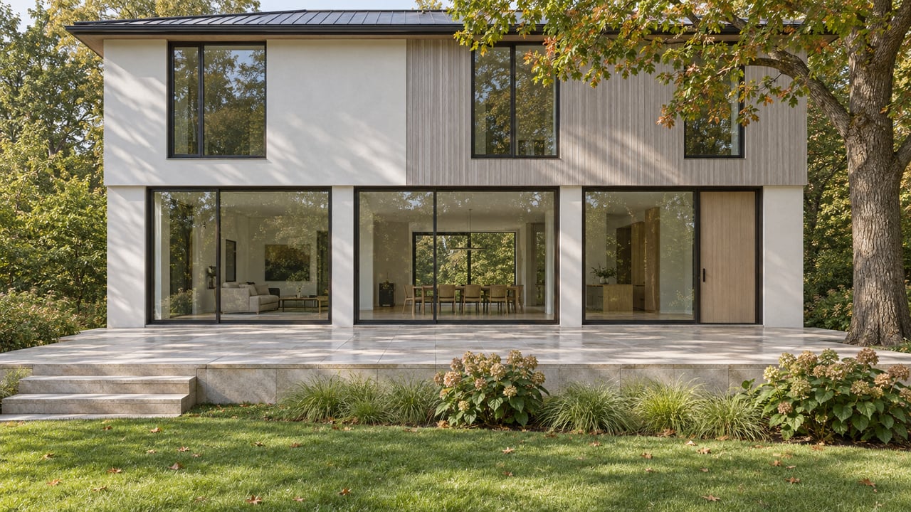 Limestone terrace beside a glazed stucco house, with a mature oak overhanging the lawn.