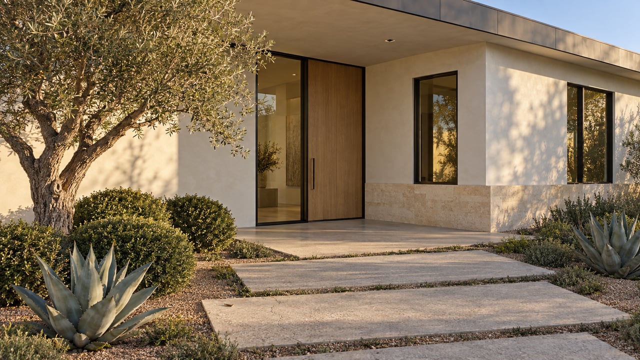 Modern stucco home entry with oak door, limestone base, olive tree, and staggered concrete path.