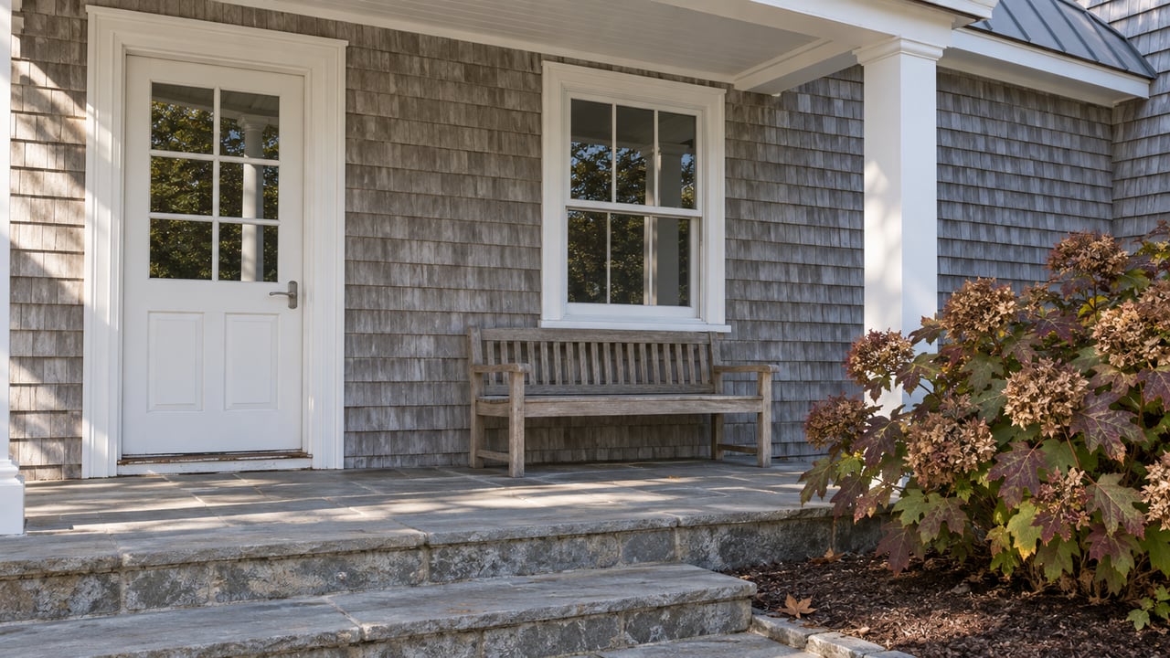 Close view of a cedar-shingled home's covered entrance, white trim, stone steps and autumn oakleaf hydrangea.