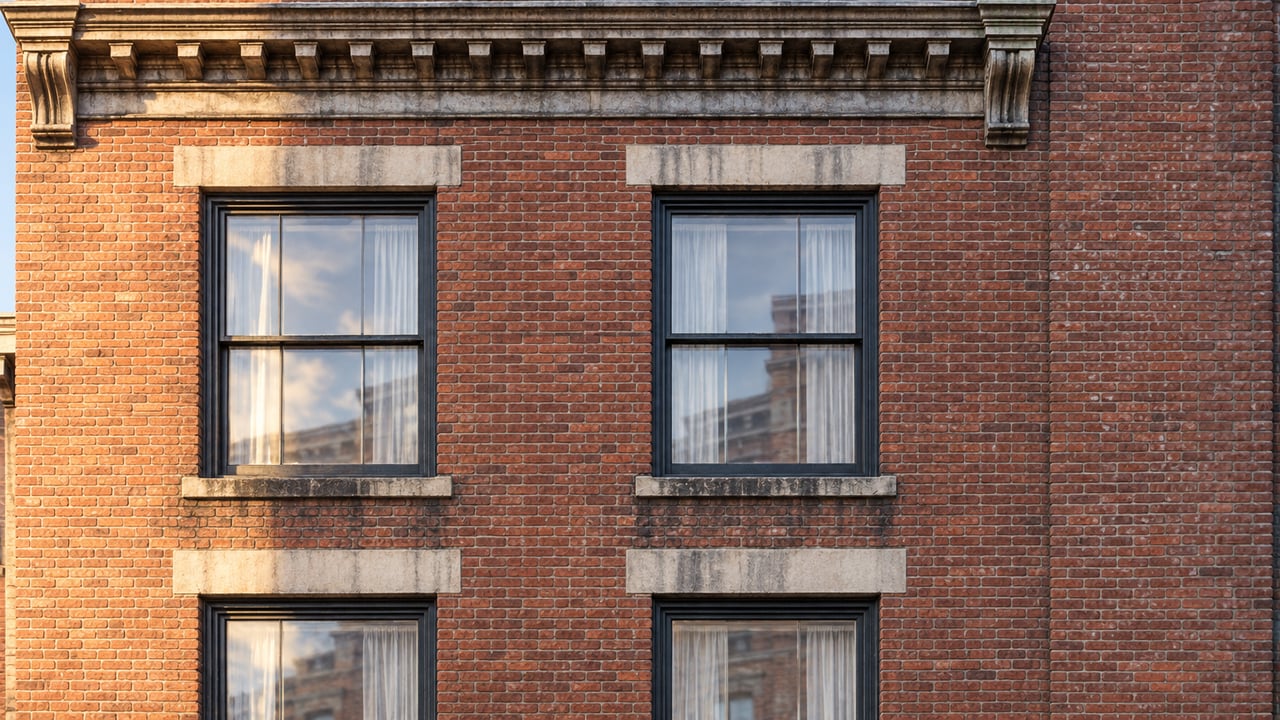 Narrow red-brick row building with two aligned sash windows on each upper floor and a recessed glazed storefront.