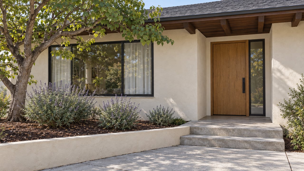 Cream stucco home with a dark wood eave, oak front door and black-framed window above a concrete approach beside a planted raised bed.