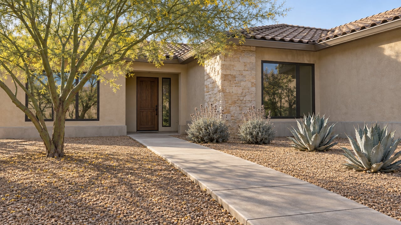 Early sunlight crosses a gravel garden and concrete approach toward a sand-colored stucco home with a tile roof, limestone pier, and sculptural desert planting.